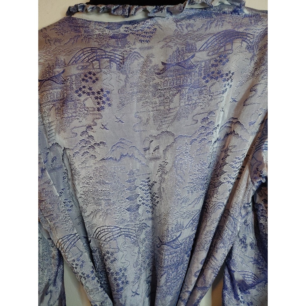 Vintage 1950s or 1960"s blue Silk  Jaquard Japanese silk robe fujiyama Sakura - Picture 10 of 10